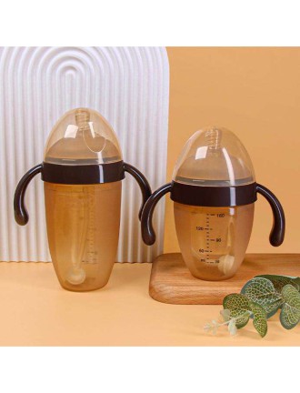 Brown double handle silicone baby bottle