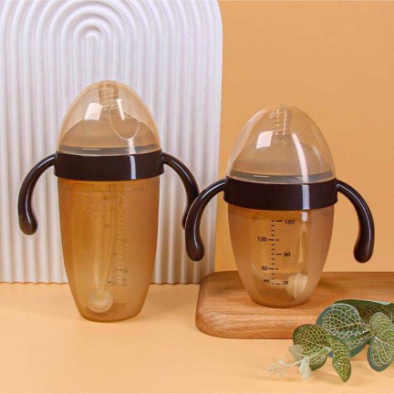Brown double handle silicone baby bottle
