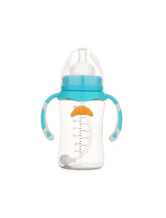 Blue shatter-resistant wide-neck baby bottle