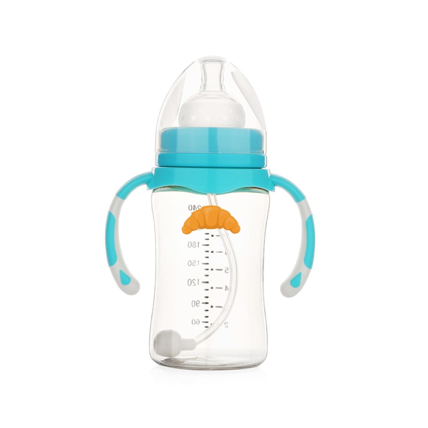 Blue shatter-resistant wide-neck baby bottle