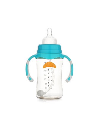 Blue shatter-resistant wide-neck baby bottle