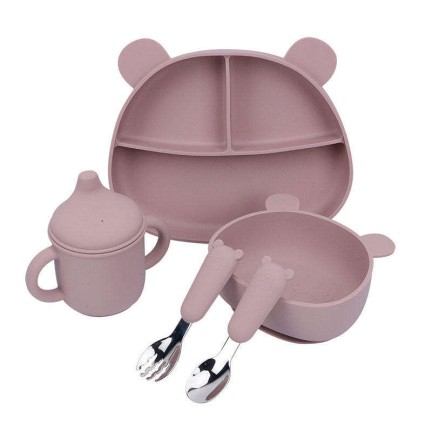 Cute bear head shaped silicone baby tableware set