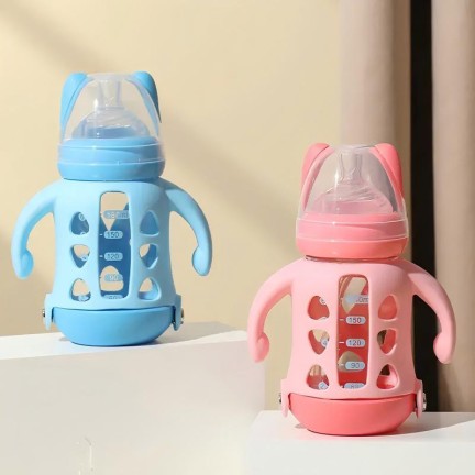 Non-slip glass baby straw water bottle